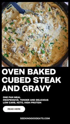 an advertisement for a baked steak and gravy dish with the words oven baked cubed steak and gravy