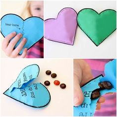 four different pictures showing how to make heart shaped candy bags with chocolates in them