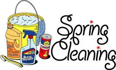 the words spring cleaning are written in black and white with an image of a bucket full of cleaning supplies