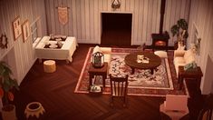 an aerial view of a living room with couches, tables and rugs on the floor