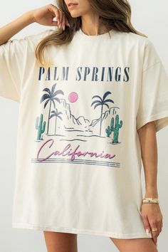 Step into spring and summer with style in our Palm Springs Tee. Made with Comfort Colors brand, this graphic tee offers the perfect balance of comfort and style. Size up for an effortlessly cool oversized fit. Get ready to turn heads! Palm Springs Desert, Palm Springs Outfit, Spring Tees, T Shirt Model, Spring T Shirts, California Design, Romper With Skirt, Design T Shirt, Early Spring