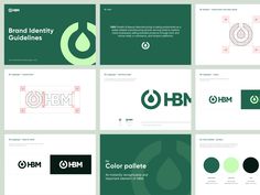 the brand identity guidelines are displayed in several different styles and colors, including green, white,