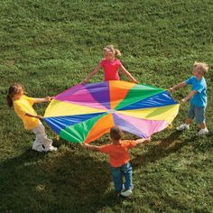 three children are playing with a large kite in the grass on a sunny day,