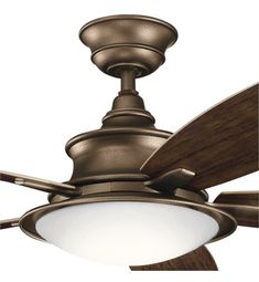 a ceiling fan with two wooden blades and a white light on the top of it