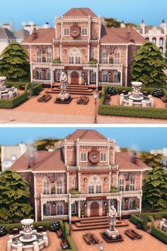 two views of the front and back of a large house