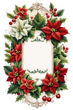 a christmas wreath with poinsettis and holly on the corner, surrounded by holly leaves