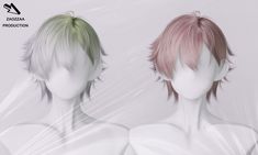 two female mannequins with pink and green hair are facing each other in front of a white background