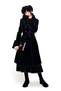 a woman in a black coat is standing with her hand on her face