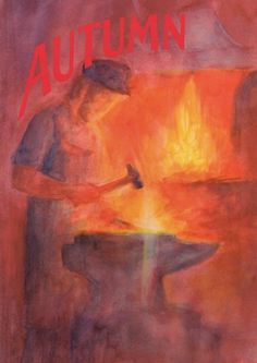 a painting of a man sitting in front of a fire with the words autumn written on it