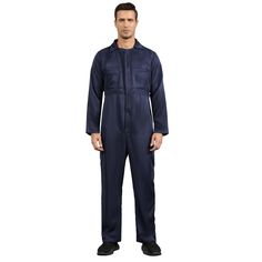 PRICES MAY VARY. Versatile Navy Blue Mechanic Jumpsuit Costume: This adult long-sleeve work coverall is perfect not only for Halloween dress-up but also as a practical outfit for daily tasks and activities. Its classic navy blue design combines style with functionality, suitable for various occasions. Durable and Comfortable Materials: Crafted from high-quality materials, our jumpsuit ensures durability and comfort for extended wear. The fabric is both sturdy and soft, catering to your needs whe Blue Long Sleeve Halloween Costume, Fitted Long Sleeve Overalls With Pockets, Fitted Blue Long Sleeve Overalls, Jumpsuit For Men, Mechanic Jumpsuit, Navy Blue Jumpsuit, Work Coveralls, Jumpsuit Costume, Navy Blue Design