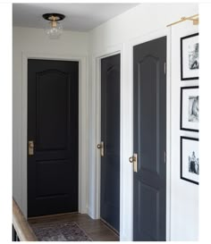 two black doors in a white room with pictures on the wall and an area rug