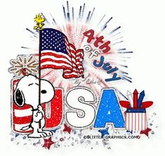 a happy fourth of july usa greeting card with snoopy holding an american flag and fireworks