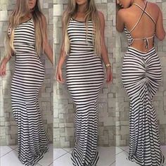 White Women Strappy Striped Bodycon Long Maxi Dress Summer Boho Sleveless Backless Evening Party Beach Dresses Sundress Sleeveless Stretch Dress For Beach Party, Stretch Sleeveless Dress For Beach Party, Stretch Sleeveless Dresses For Summer Parties, Sleeveless Stretch Dress For Summer Parties, Beachwear Style Backless Maxi Dress For Party, Beachwear Style Maxi-length Backless Dress For Party, Fitted Sleeveless Dress For Summer Parties, Stretch Maxi Dress With Spaghetti Straps For Beach, Stretch Spaghetti Strap Maxi Dress For Beach