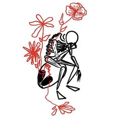 a drawing of a skeleton with flowers in it's hand and a heart on the ground