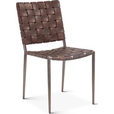 a brown leather chair with metal legs and a woven seat pad on the back of it