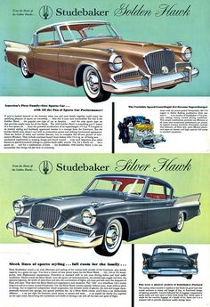 an advertisement for the studebaker motor flush, with two different styles of cars