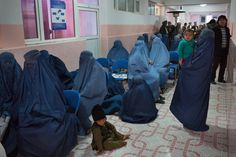 several people standing and sitting in chairs covered with blue covers