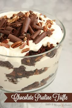 chocolate praline trifle in a glass dish