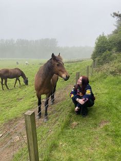 a woman sitting on the ground next to a fence with horses grazing in the background