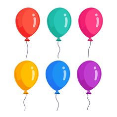 four colorful balloons floating in the air on a white background, set of five different colors