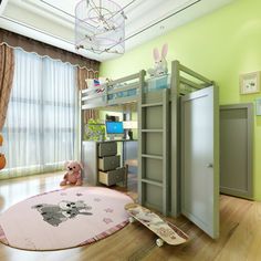 a bedroom with green walls and wooden flooring has a pink rug on the floor