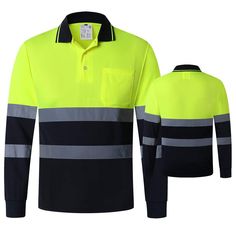 PRICES MAY VARY. ★Material:Safety long sleeve reflective shirts are made with 100% high visibility polyester,treated with moisture wicking,sweat wicking ,breathable ,quick dry ,visible ,lightweight and comfortable . ★Contrast Rib collar you can put up to keep sun off your neck; CONTRAST Navy Bottom to Help Hide Wear and Dirt &Trim Three Button Placket & One chest pocket. ★Underarm Vents:Keep breathable and cooling when work in hot weather. ★Reflective in Day&Night:Highly Reflective Strips wrap a Safety Work, Fluorescent Yellow, Tennis Shirts, Protective Clothing, Find People, Work Shirt, Work Safety, Personal Protective Equipment, Branded Shirts