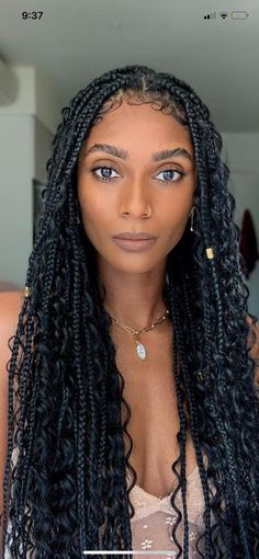 Box Braid With Loose Curls, Bohemian Goddess Braids Medium, Boho Goddess Braids Hairstyles, Jade Bubble Goddess Braids, Braids For Black Women Wedding, Weave And Braids Hairstyles, Goddess Braids Black Women, Boho Box Braids Black Women, Bohemian Box Braids Hairstyles