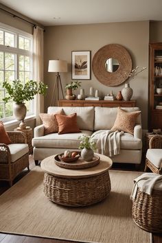 a living room with wicker furniture and large windows in the back ground is an area rug that has various types of pillows on it