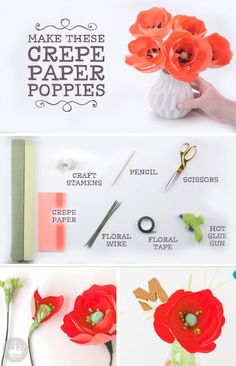 the instructions for making paper poppies are shown