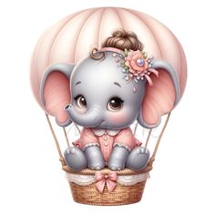 a baby elephant sitting in a basket with an umbrella on it's head and wearing a pink dress