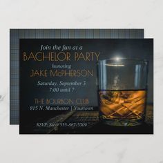 a flyer for a bachelor party with a glass of whiskey