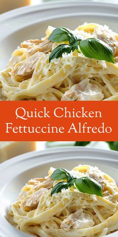 chicken fettuccine alfredo on a white plate