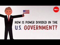 a man in a business suit holding an american flag and the words how is power divided in the u s government?