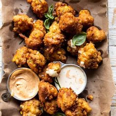 fried cauliflower with dipping sauce on the side