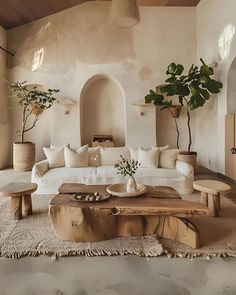 a living room filled with furniture and potted plants on top of it's tables