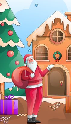 a santa clause holding a heart in front of a house with christmas decorations on it