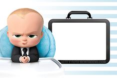 a cartoon baby sitting in front of a briefcase with a blank sign on the side