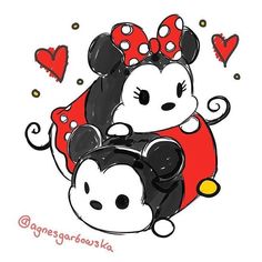 mickey and minnie mouse hugging each other with hearts in the air behind them on a white background