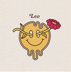 a drawing of a smiley face with a flower in it's mouth and the words leo written below