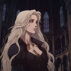 a blonde haired woman with long hair standing in front of a gothic - styled building