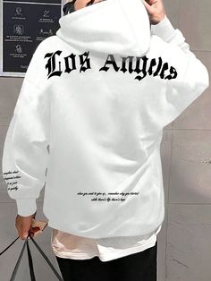 Blanco Casual Collar manga larga Tela Letras Pullovers Embellished Estiramiento medio Hoodie Illustration, White Hoodie Men, Hoodie Customize, Drop Shoulder Hoodie, Hoodie Aesthetic, Teen Boy Outfits, Stylish Hoodies, Fabric Letters, Men Plus Size