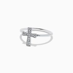 Effy 925 Sterling Silver Diamond Cross Ring Adjustable White Gold Ring With Vvs Clarity, Timeless Silver Diamond Ring With Open Band, Adjustable White Gold Rings With Vvs Clarity, Sterling Silver Rings With Polished Finish For Promise, Silver Diamond Ring With Open Band Style, Elegant Cross-shaped Adjustable Rings, Elegant Adjustable Cross Rings, Silver Cross Jewelry With Brilliant Cut, Timeless Sterling Silver Cross Jewelry