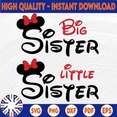 mickey mouse svg file with the words big sister and little sister in red bows