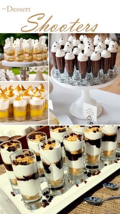 desserts are displayed on plates and in glasses