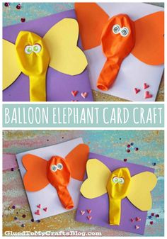 an elephant craft made out of paper and ribbon with the words balloon elephant card craft on it