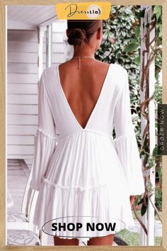 Women Fashion Deep V-neck Long Sleeve Dress Backless White Dress Casual Beach Mini Dress Cheap Chic V-neck Beach Dress, Casual Beach Wedding Dresses Not White, Cheap White V-neck Beach Dress, Backless White Dress, White Dress Casual, White Backless Dress, Beach White Dress, Beach Mini Dress, Dress Backless