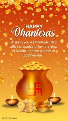 happy dhanteras wishes with golden coins and lit candles on an orange background for diwaling