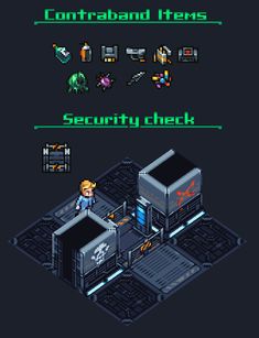 an old school computer game with text that reads, contraband items security check on the screen