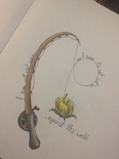 a drawing of a fishing rod with a yellow flower on it and the words, i'm going to the world