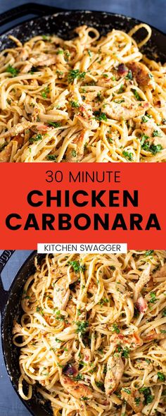 chicken carbonara in a skillet with text overlay